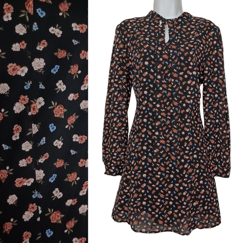 DIVIDED H&M Red Blue Pink Floral Print Long Sleeve Black Shift Mini Dress 14